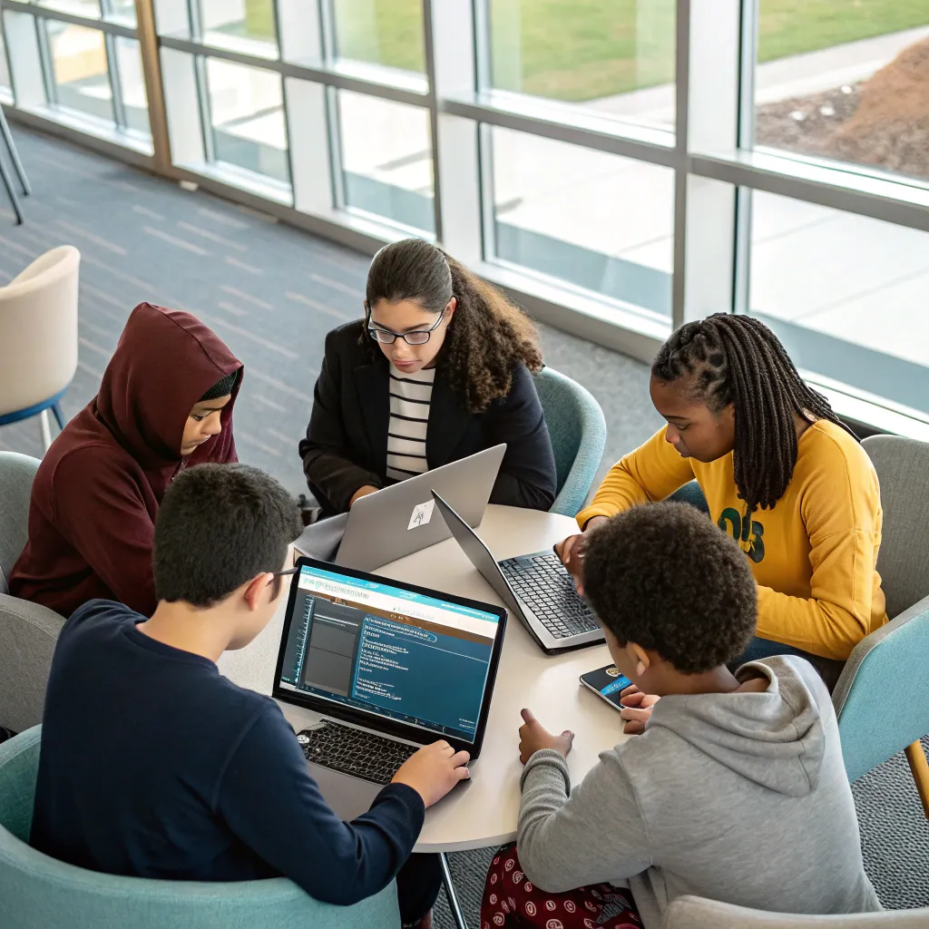 A group of diverse students collaborating on a programming project